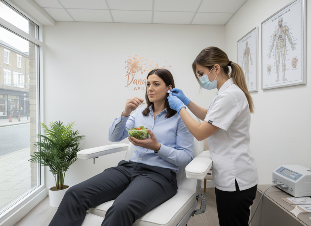 City worker receiving ear acupuncture at Dandelion Wellness during lunch break