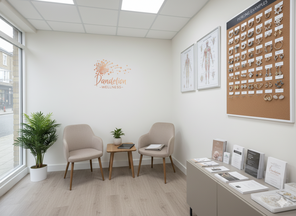 Consultation room at Dandelion Wellness Centre showing acupuncture charts and piercing examples