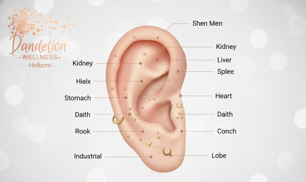 Detailed ear map showing acupuncture points and piercing locations at Dandelion Wellness