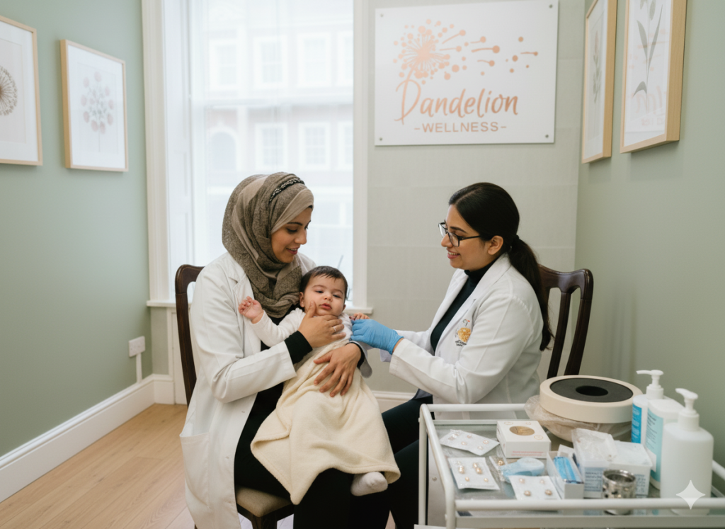 Mother comforting baby after ear piercing procedure at our Holborn clinic