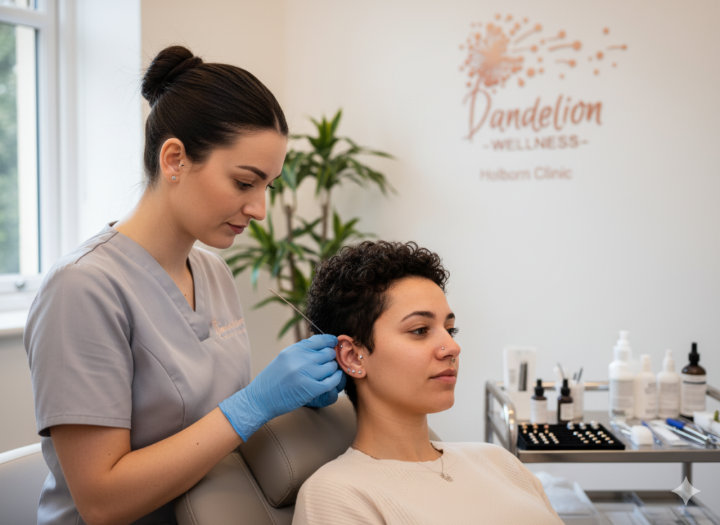 Professional ear acupuncture and piercing specialist at Dandelion Wellness Centre in Holborn