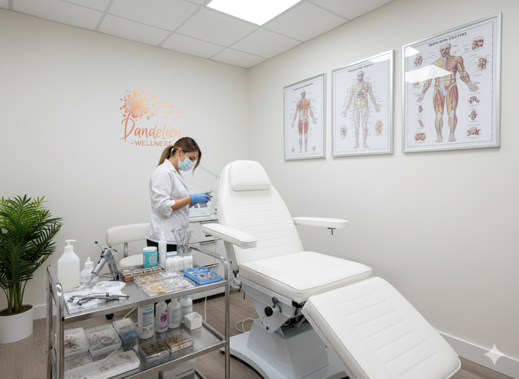 Sterile piercing environment at Dandelion Wellness Centre showing acupuncture charts